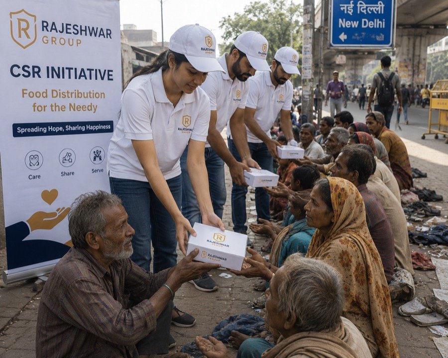 Rajeshwar Group team distributing food to the needy as part of their CSR initiative