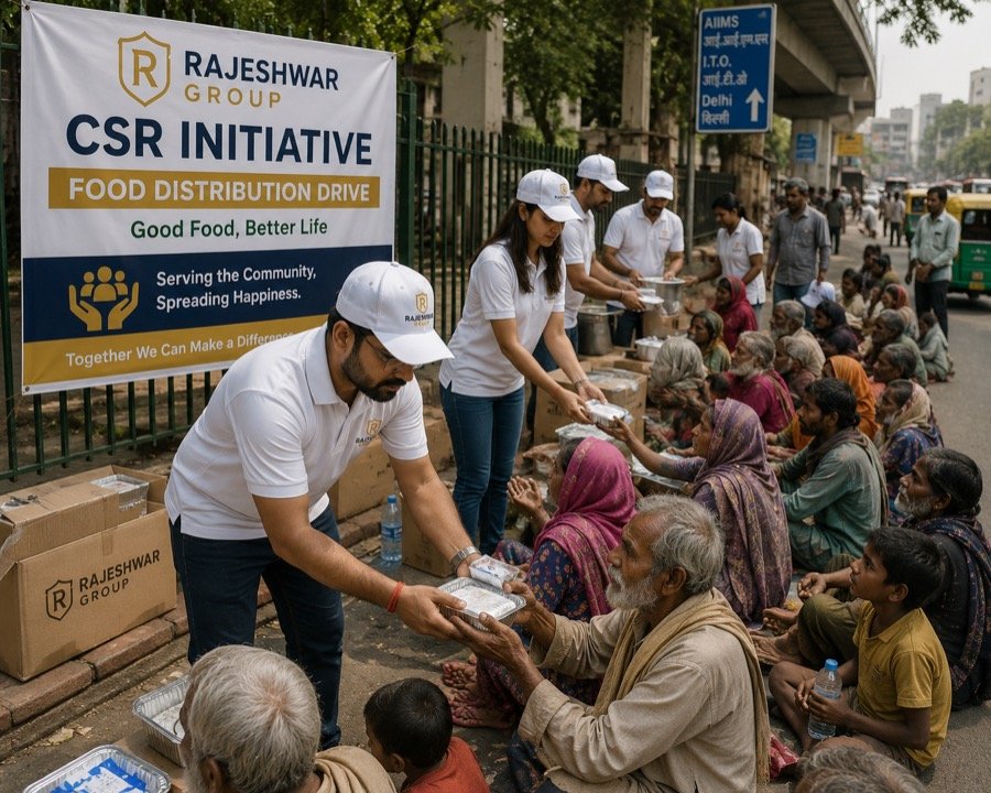 Rajeshwar Group volunteers serving meals during a food distribution drive